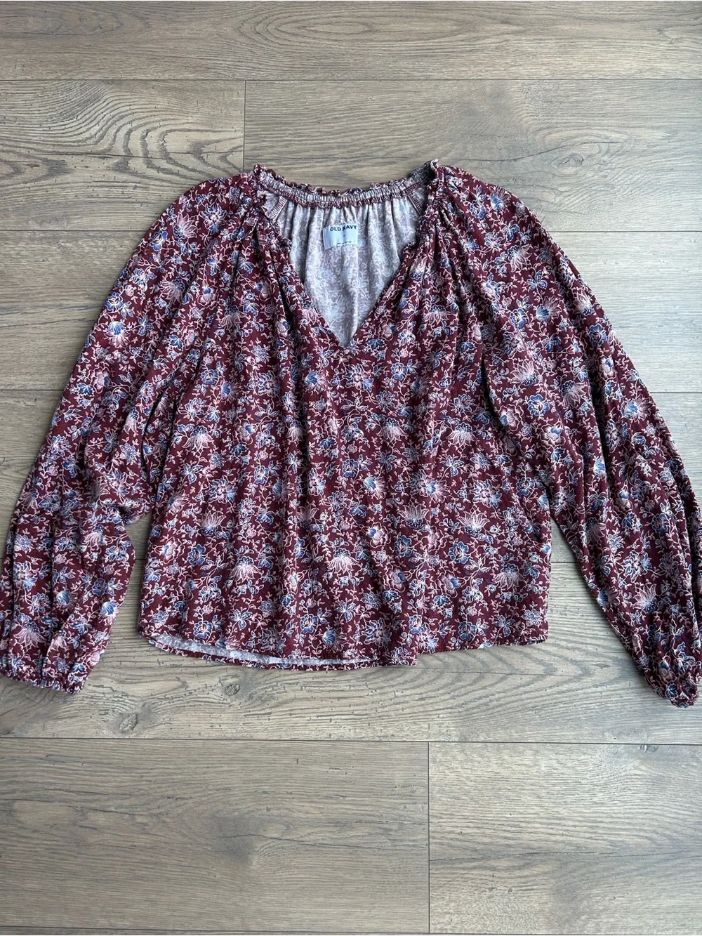 Old Navy Burgundy Floral V-Neck Long Sleeve Blouse
